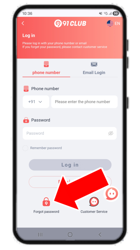 91 club forgot passsword