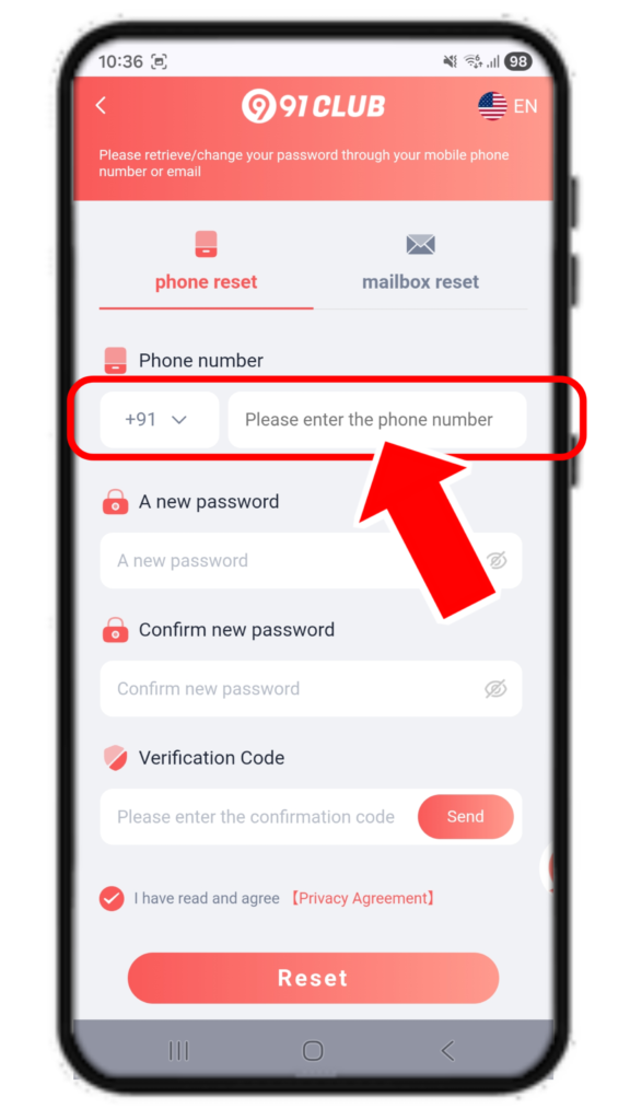 91 club forgot passsword