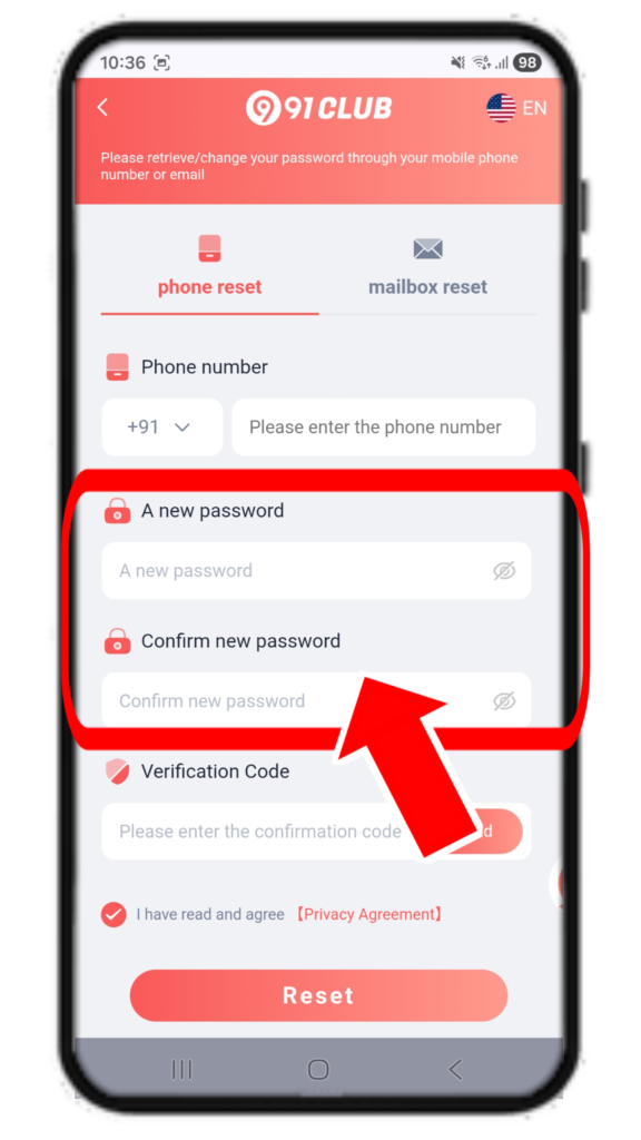 91 club forgot passsword